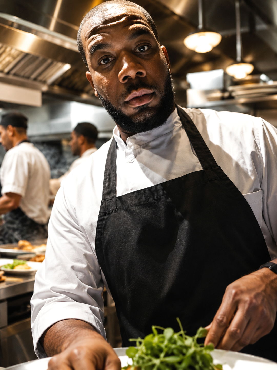 Korey, founder of Chef's Cut Studio, plating a dish on the line in his whites and apron